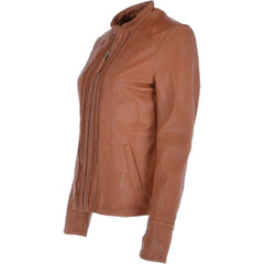 Women's Tan Front Pleated Leather Jacket