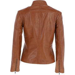 Women's Tan High Collar Leather Jacket