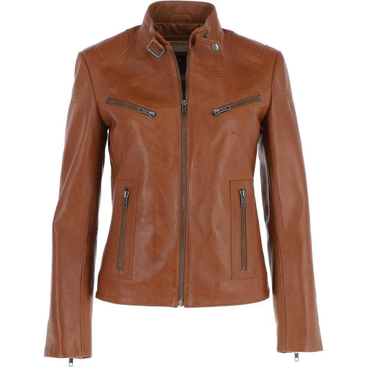 Women's Tan High Collar Leather Jacket