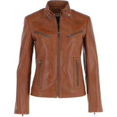 Women's Tan High Collar Leather Jacket