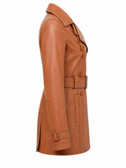 Women’s Tan Leather Belted Trench Coat