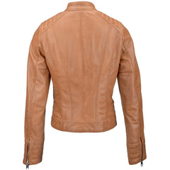 Women's Tan Quilted Details Leather Jacket