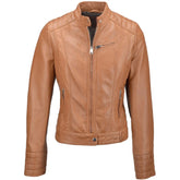 Women's Tan Quilted Details Leather Jacket