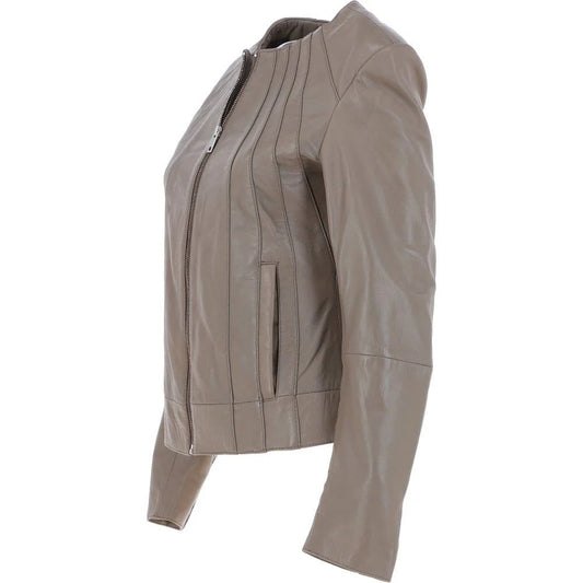 Women's Taupe Leather Zip-Up Jacket