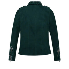Women’s Trendy Green Leather Jacket with Zipper Detail