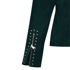 Women’s Trendy Green Leather Jacket with Zipper Detail