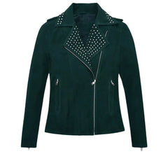 Women’s Trendy Green Leather Jacket with Zipper Detail