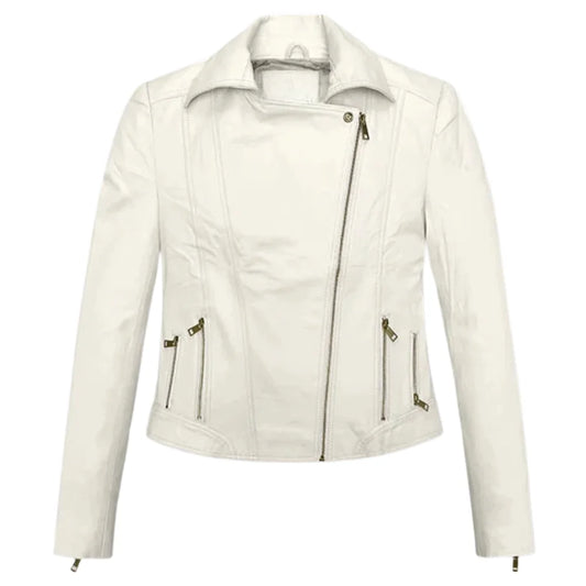 Women’s White Leather Jacket with Sleek Detailing
