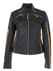 Women's Yellow Stripes Leather Jacket, front view