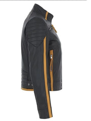 Women's Yellow Stripes Leather Jacket, collar detail