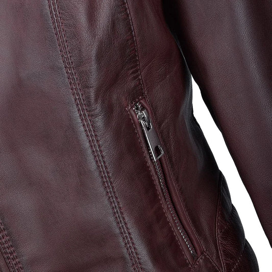 Women's Zippered Accents Burgundy Leather Jacket