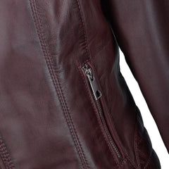 Women's Zippered Accents Burgundy Leather Jacket