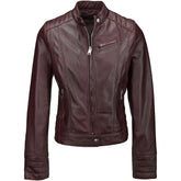 Women's Zippered Accents Burgundy Leather Jacket