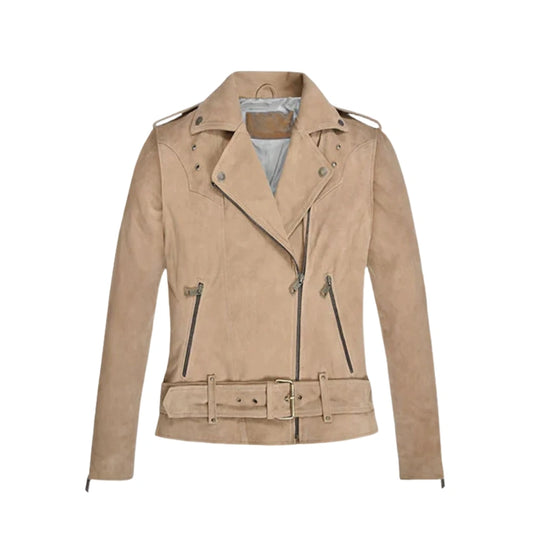 Women’s Belted Beige Suede Leather Jacket