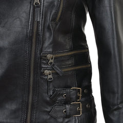 Women's Black Buckle Straps Leather Jacket