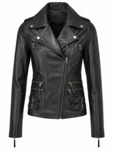 Women's Black Buckle Straps Leather Jacket, front view