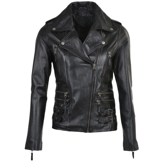 Women's Black Buckle Straps Leather Jacket