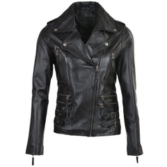 Women's Black Buckle Straps Leather Jacket