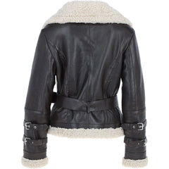 Women's Black Leather Belted Shearling Aviator Jacket
