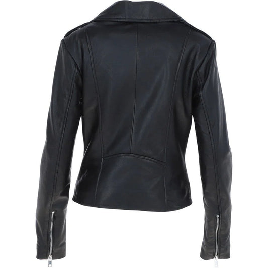 Women's Black Leather Lapel Asymmetrical Jacket