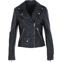 Women's Black Leather Lapel Asymmetrical Jacket
