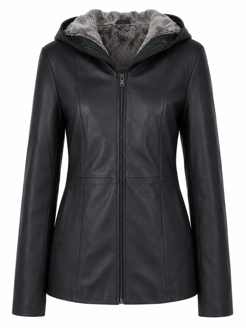 Women's Black Leather Hooded Jacket Front