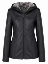 Women's Black Leather Hooded Jacket Front