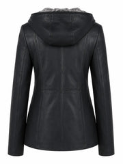 Women's Black Leather Hooded Jacket Back