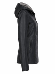 Women's Black Leather Hooded Jacket Right