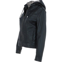 Women's Black Leather Jacket with Fur Hood