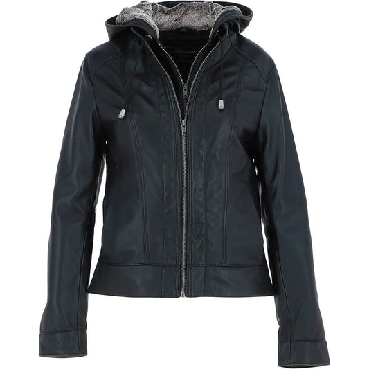Women's Black Leather Jacket with Fur Hood