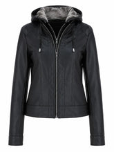 Women's Black Leather Jacket with Fur Hood Front