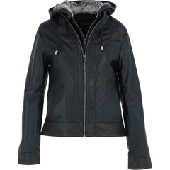 Women's Black Leather Jacket with Fur Hood