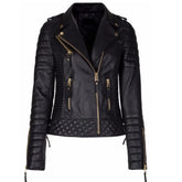 Women's Black Leather Jacket with Quilted Details and Golden Zippers