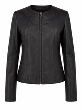 Women's Black Leather Round Collar Jacket Front