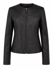 Women's Black Leather Round Collar Jacket Front