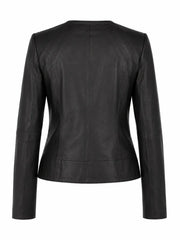 Women's Black Leather Round Collar Jacket Back