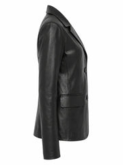 Women's Black Leather Two-Button Blazer