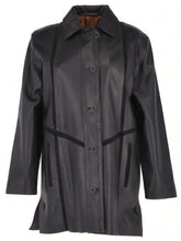 Women's Black Long-Line Leather Coat Front