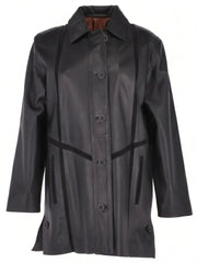 Women's Black Long-Line Leather Coat Front