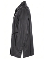 Women's Black Long-Line Leather Coat Left