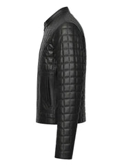 Women’s Black Quilted Leather Jacket with Band Collar