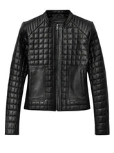 Women’s Black Quilted Leather Jacket with Band Collar
