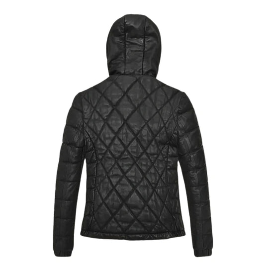 Women’s Black Quilted Leather Jacket with Hood