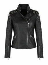 Women's Black Studded Classic Leather Jacket, front view
