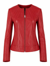 Women's Bold Red Leather Zip-Up Jacket Front