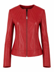 Women's Bold Red Leather Zip-Up Jacket Front