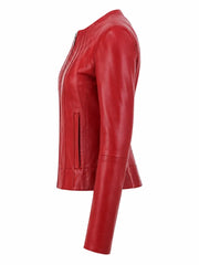 Women's Bold Red Leather Zip-Up Jacket Left