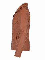 Women's Brown High Collar Leather Jacket Left