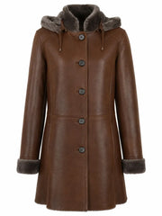 Women's Brown Hooded Shearling Leather Coat Front